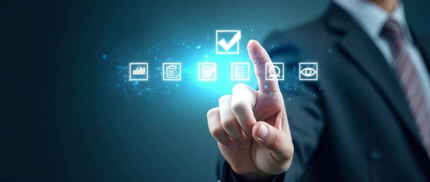 Business professional selects digital checklist icon, slow camera pan reveals futuristic interface on dark background, cinematic style with ambient tech-inspired motion.