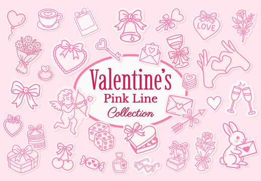 Valentine's Pink Line Art Design Set