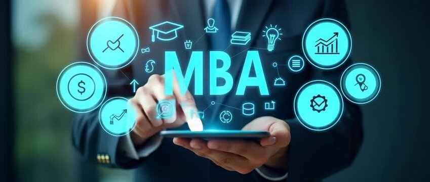 Business professional interacts with digital education icons on tablet, camera slowly pans, creating a dynamic, cinematic scene with glowing graphics and ambient motion.