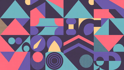 Vibrant colorful geometric pattern with shapes and lines in pink, blue, purple, and yellow hues on dark background