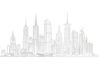 Naklejka premium Skyline of modern city buildings with skyscrapers and towers in a minimalist line art style