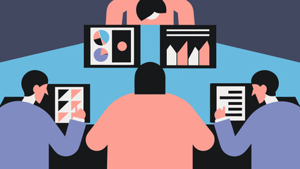 People analyzing data charts and documents on computer screens in a meeting room setting on transparent background silhouette