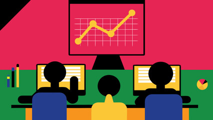 People working at computers with a graph on a screen in a colorful office setting vector image on transparent background silhouette