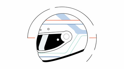 Illustration of a white racing helmet with a black visor and colorful stripes on a white background on transparent background silhouette