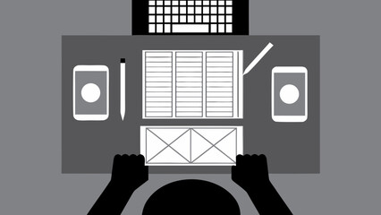 Overview of a desk with a keyboard phones paper and hands in a top down view style illustration on transparent background silhouette