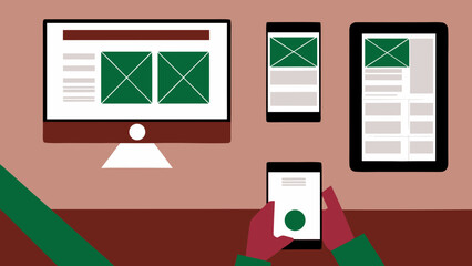 Illustration showing responsive design across computer tablet and mobile devices on a brown background on transparent background silhouette