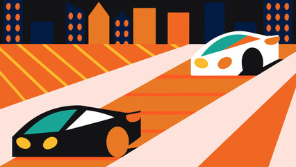 Illustration of two cars racing on a road with city buildings in the background at night time on transparent background silhouette