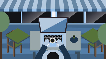 Person working on laptop with coffee at outdoor cafe under a striped awning in the evening light on transparent background silhouette