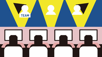 Illustration of a team working at computers with abstract team member representations above them on transparent background silhouette
