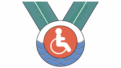 Illustration of a medal with a wheelchair symbol and blue waves on an orange and white circle design on transparent background silhouette