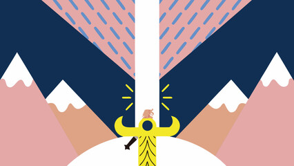 Stylized sword with a figure at the hilt against mountains and a patterned sky backdrop on transparent background silhouette