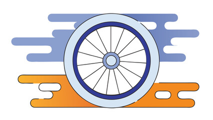 Illustration of a bicycle wheel with spokes and blue and orange abstract shapes on a white background on transparent background silhouette
