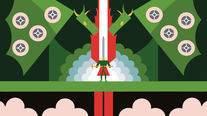 Green dragon guarding a sword with a man holding a golden staff in a fantasy environment scene on transparent background silhouette