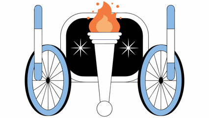Illustration of a chariot with blue wheels and a torch with flame on a black and white background on transparent background silhouette