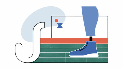 Illustrated scene featuring a prosthetic leg with a blue shoe standing on a green surface design on transparent background silhouette