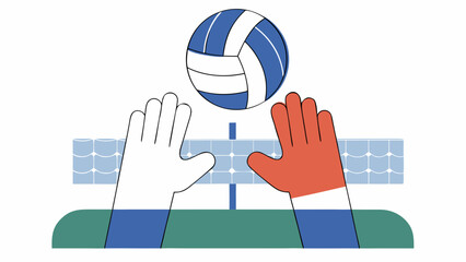 Illustration of a volleyball game with two hands reaching for a blue and white ball over the net on transparent background silhouette