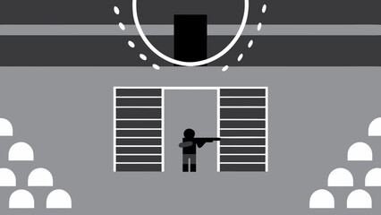 A stick figure holding a rifle stands between two doors with a target above him in grayscale art on transparent background silhouette