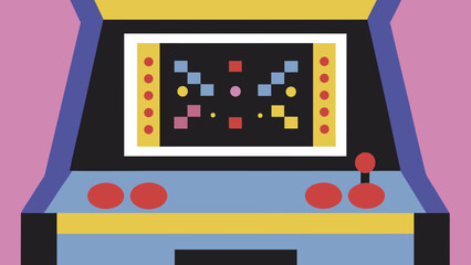 A colorful retro arcade game machine with joystick and buttons displaying a pixelated game screen on transparent background silhouette