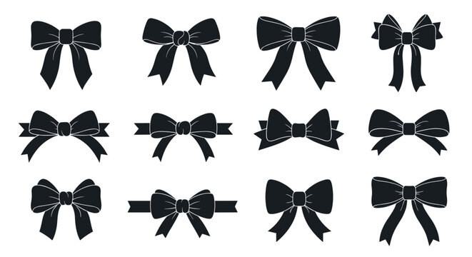 Large collection of twelve black gift bow silhouettes, featuring various classic and decorative ribbon shapes for design projects.