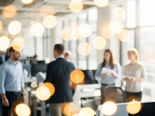 Group of business professionals discussing in a modern office environment with blurred background