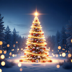 Magical Glowing Christmas Tree in Winter Night Landscape