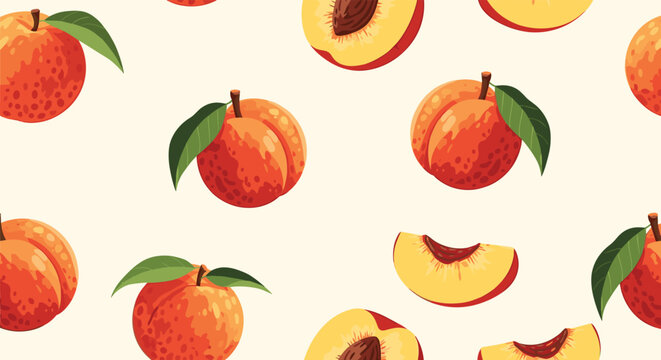 Beautiful seamless pattern featuring ripe, juicy peaches, both whole and sliced, scattered on a soft, light-colored background.