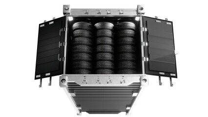 Low angle view of towering stack of high performance car tires inside carbon fiber container created by 3D render.