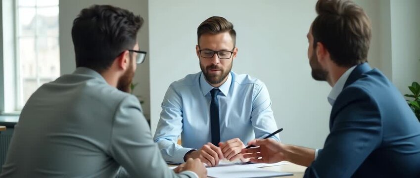 Professional business meeting in a modern office, executives engage in discussion while the camera slowly pans across the room, capturing dynamic gestures and cityscape views outside; cinematic style.