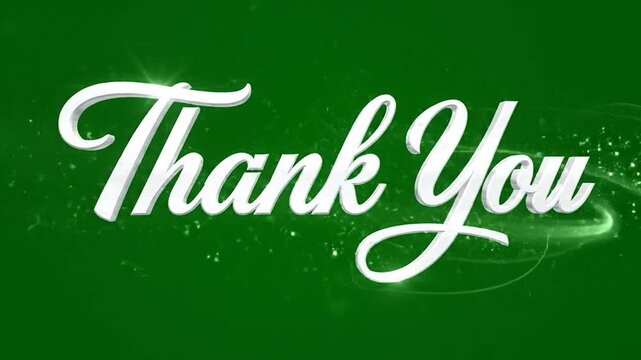 Elegant white cursive text "Thank You" shimmering with green light and particles