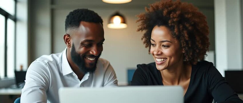 Professional colleagues collaborate cheerfully in a modern office, typing on a laptop; the camera gently pans across the scene, capturing dynamic teamwork and innovative workplace synergy in a cinemat