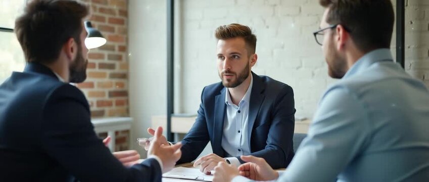 Professional business meeting with executives discussing strategy, hands gesturing, and expressions engaged; the camera smoothly pans across the modern office, capturing ambient light and dynamic inte