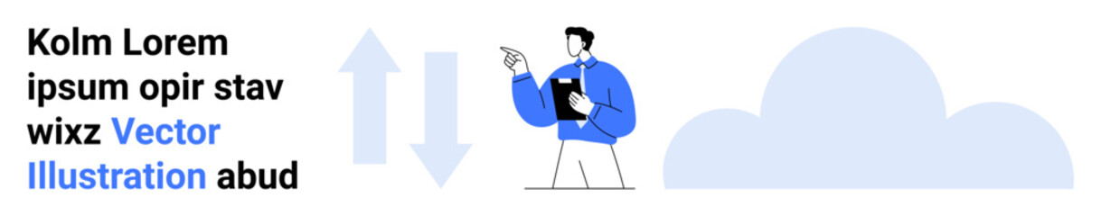 Cloud storage, data transfer, business technology, connectivity, digital transformation, information organization. Businessman pointing with cloud in the background. Cloud storage and data transfer