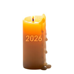 Golden candle with 2026 text isolated on white background symbolizing celebration and new beginnings