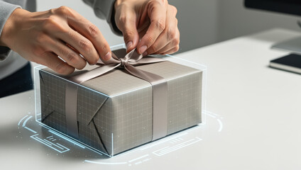 Careful hand tying ribbon on wrapped gift box with futuristic augmented reality technology for modern delivery