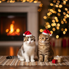 Festive Cat Portrait with Santa Hats and Warm Fireplace