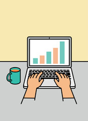 Vector illustration of hands typing on a laptop showing a rising bar chart next to a coffee mug. Concept of financial growth, data analysis, and remote work