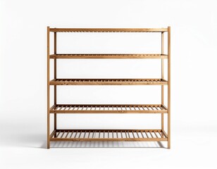 Minimalist empty wooden shoe organizer rack on white background