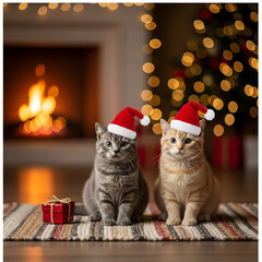 Cute Cats Wearing Santa Hats by Cozy Christmas Fireplace