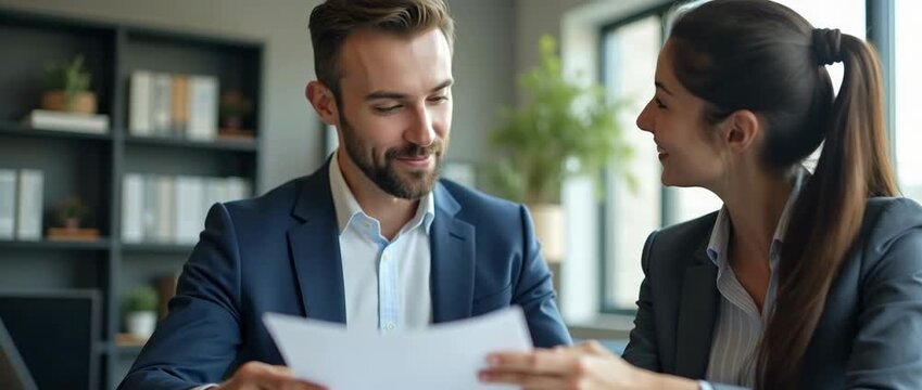 Professionals collaborate in a modern office, exchanging documents with smiles, as the camera slowly pans, capturing the ambient light flicker in a cinematic, business-focused setting.