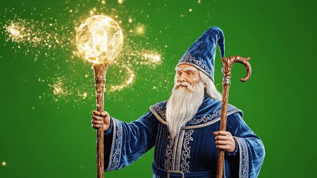 An elderly wizard with a long white beard, clad in a blue robe, conjures magical sparks