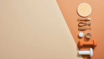 Fitness essentials arranged on a split-toned background with exercise equipment and healthy snacks