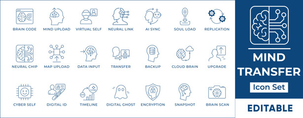 Editable mind transfer and AI line icon set for neural interface, brain upload, virtual identity, data transfer, encryption and futuristic UI design.