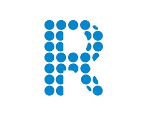 Blue, dot-filled "R" shape against a white background