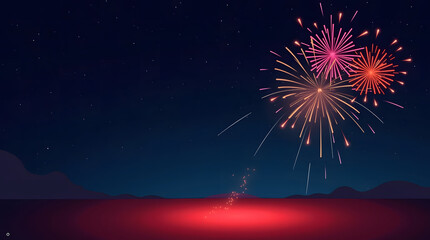 New Year Fireworks Above Abstract Landscape with Red Light Glow at Night