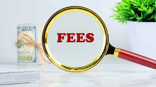 Business and finance concept. Animation of the FEES text through a magnifying glass on a light background