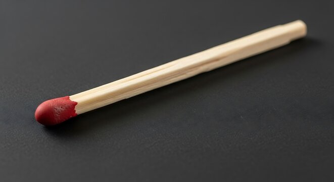 Wooden matchstick with red head laying on dark grey background surface