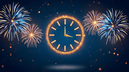 New Year Fireworks with Decorative Clock Symbol on Dark Festive Background