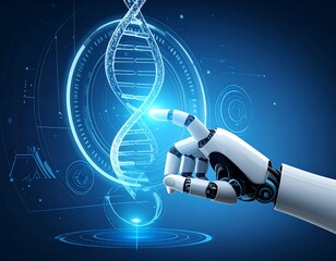 Futuristic image of a robotic hand touching a DNA strand