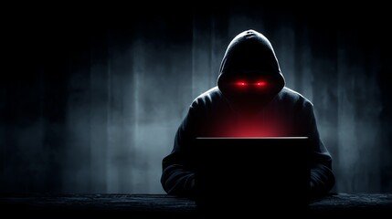 A shadowy figure in a hoodie stares intently at a glowing laptop screen, representing themes of cybersecurity and the mysterious world of hacking in the digital age.