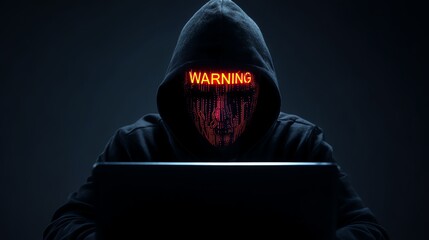 A mysterious figure in a dark hoodie sits in front of a laptop, their face obscured by a digital display warning of threats. A symbolic representation of cybersecurity and hacking.